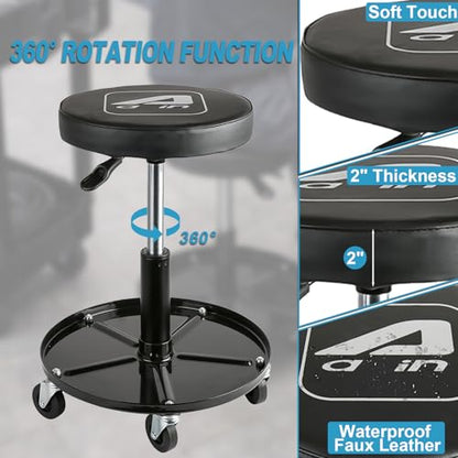 A A IN LT2A Heavy-Duty Adjustable Mechanic's Roller Seat Adjustable Rolling Stool with Wheels & Tool Tray Black