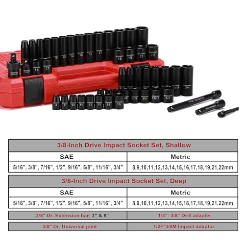 CASOMAN 3/8" Drive Impact Socket Set, 49 Piece Standard SAE and Metric Sizes (5/16-Inch to 3/4-Inch and 8-22 mm), 6 Point, Cr-V Steel Socket Set - size: ‎3/8"Drive 48pcs Impact Master Socket Set