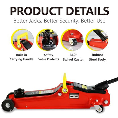 Hydraulic Trolley Service Floor Jack, 2 Ton(4000lbs) Low Profile Floor Jack, Heavy-Duty Steel Racing Floor Jacks with Single Piston Quick Lift Pump, Lifting Range 3.3"-15.2" - color: Red&Black-2T-Single Pump