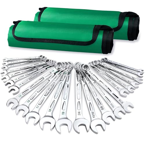 SK Combination Wrench Set, SAE 5/16" to 3/4", Metric 8 to 19mm, 23-Piece, SuperKrome Finish, Premium CR-V Construction, with Rolling Pouch - size: Metric & SAE