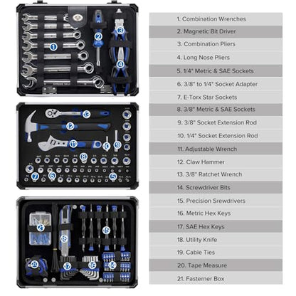 Prostormer Mechanic Tool Set – 219 Piece Basic Tool Kit for Home Repair & Auto Car Maintenance, General Household Tool Set with Aluminium Tool Box