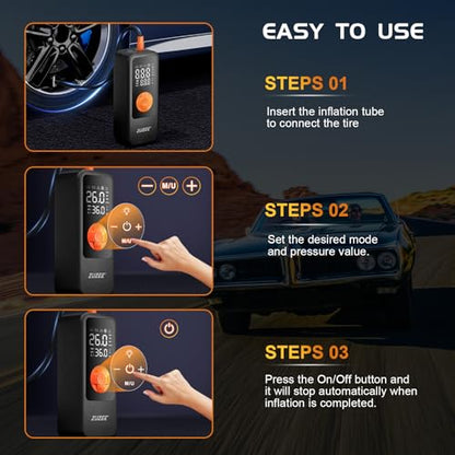 Tire Inflator Portable Air Compressor, 4X Faster & High-Capacity Battery, Portable Tire Inflator with Digital Pressure Gauge, LED Light, 150PSI Air Pump for Car Tires, SUV, Motorcycle, Bike, Ball, etc