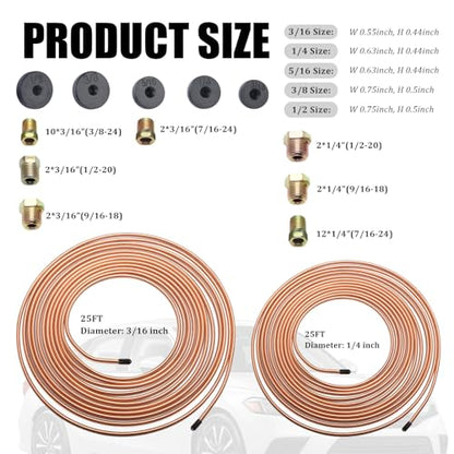 25Ft 1/4" and 3/16" Brake Line Kit,Single & Double Brake Line Flaring Tool Kit with 32 Inverted Fittings and Brakes Flare Tool Kits,Copper Plated Brakes Lines Repair Kits
