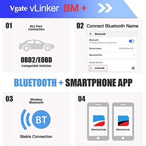 Vgate vLinker BM+ OBD2 Bluetooth Scanner for BMW/Mini BimmerCode, Car Code Reader for iOS, Android, and Windows - size: vLinker BM+ BLE4.0 - Android & iOS & Windows