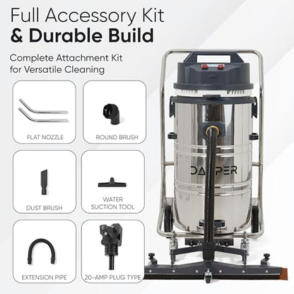 Dapper Supply 21 Gallon Heavy-Duty Industrial Wet/Dry Vacuum, Dual Motor, 3.3 HP, 222 CFM, 27" Squeegee, 120V/20A Plug, 2 Year Warranty - Ideal for Construction Sites, Warehouses & Industrial Cleanup - size: 21 Gal