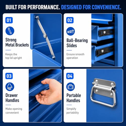 ARNOT Large Metal Tool Box, Tool Box with 6 Drawers & Top Tray, Heavy-Duty Steel Tool Chest with Auto-Locking Drawers and Side Handles for Garage & Workbench (Blue) - color: Blue