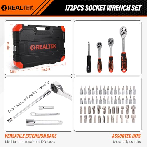 1/4" Socket Ratchet Wrench Screwdriver Set, 172PCS CR-V Metric Wrench Set with Extension Bar, Quick-Release Ratchet Wrench with Bit Socket Set for Auto Repairing, Household with Durable Tool Case - size: 172 Pieces 1/4"3/8"1/2" Drive Socket Set