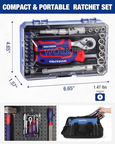WORKPRO 34 PCS 1/4" Drive Mini Socket Ratchet Wrench Set, Socket & Bit Head | Magnetic Driver, Metric Sockets 4-12mm, Extension Bars & Universal Joint, Storage Case - style: Dual-Head Ratchet Bit-Rich Set