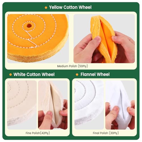 8 Inch Buffing & Polishing Wheel Kit for Bench Grinder, 1/2" Arbor Hole, 3 Polishing Wheels Yellow/White/Flannel with 3 Buffing Compound Set,Polishing Rouge Bar,Metal Aluminum Finishing Kit - style: 6pcs-8inch