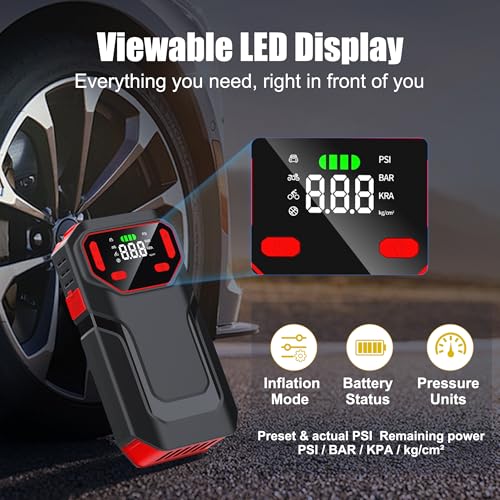 10-in-1 Jump Starter with Air Compressor,5000A Battery Jump Pack 150PSI | Jump Box((All Gas/12L Diesel) ),Spark-Proof & Reverse Polarity Protected, Portable Tire Inflator,LED Light
