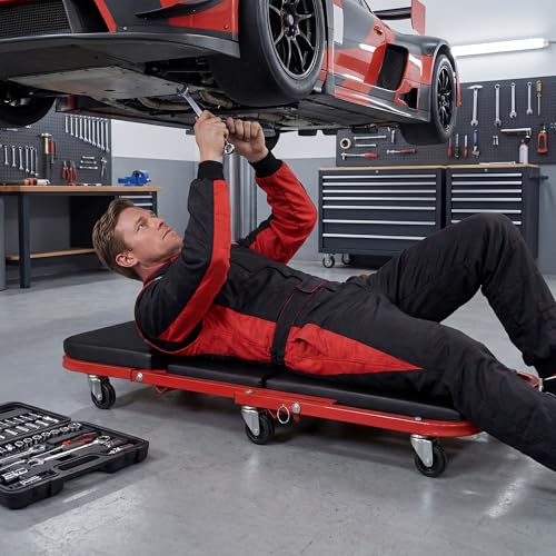 IRONMAX Folding Mechanic Z-Creeper, 2-in-1 Automotive Creeper & Stool, 36" Rolling Garage Tool with Padded Seat & 6 Swivel Casters, 400 LBS Capacity, Lay Down Sit for Under Car Repair (Red, 36-inch)