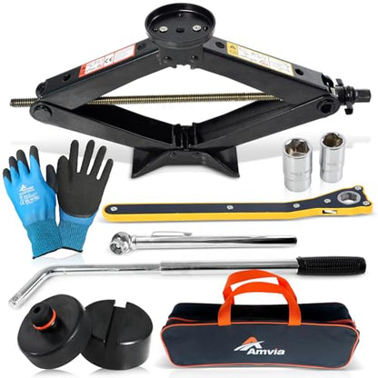 Tesla Car Jack Kit 3 Ton Scissor Jack with Rubber Pad for Auto & SUV | Portable emergency kit, Tire Jack Tool, Spare tire changing, Lug wrench, Tire pressure gauge, Work gloves - size: Car Jack Kit 3 Ton + pads/gloves/tire press
