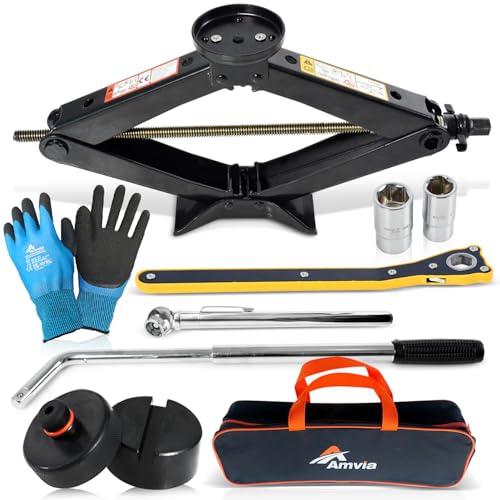 Tesla Car Jack Kit 3 Ton Scissor Jack with Rubber Pad for Auto & SUV | Portable emergency kit, Tire Jack Tool, Spare tire changing, Lug wrench, Tire pressure gauge, Work gloves - size: Car Jack Kit 3 Ton + pads/gloves/tire press