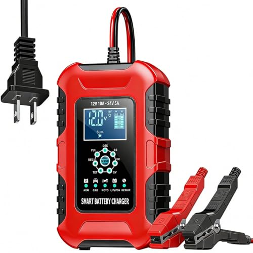 Car Battery Charger, 0-10A Pulse Repair Charger, 12V 24V Smart Fully Automatic Trickle Charger, LiFePO4 Lead Acid Automotive Battery Maintainer Desulfator for Car Truck Motorcycle Lawn Mower ATV Boat - color: 3) -10Amp/12V 24V