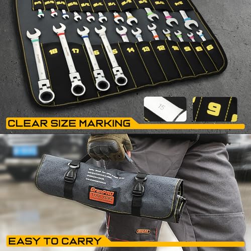 GRENPRO Ratchet Wrenches Set, 23PC Flex Head Ratcheting Wrench Set Metric and Standard & SAE, 6-18mm & 1/4" to 3/4" with Color Ring, CRV Open End Tool Organizer Pouch, Combination Ratchet Wrench Sets - style: 23PCS Flex Head Ratcheting Wrench Set Metric&S