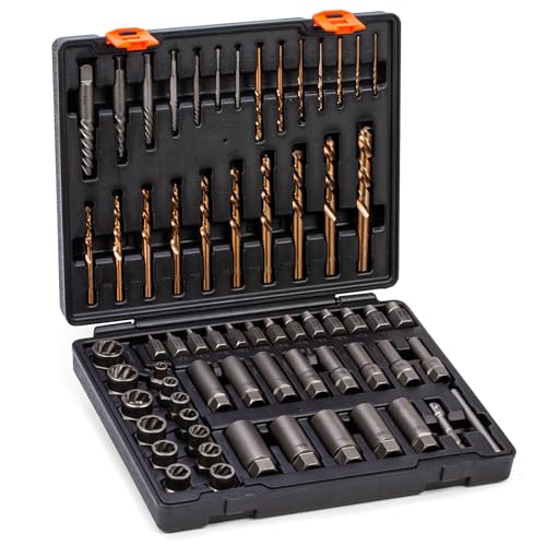 65-Piece Broken Bolt Extractor Kit with Easy Out Screw Extractor Set | for Damaged, Rusted, Rounded-Off, Stripped Fasteners, 8-19mm, Cr-Mo Steel & HSS, with Left Hand Drill Bit Set, Storage Case - size: 65-Piece