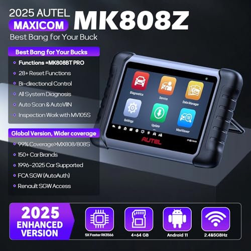 Autel MaxiCOM MK808Z OBD2 Scanner, 2026 Bidirectional Scan Tool Same As MK808S MX808S, Work as MaxiCheck MX900 MK900BT, Active Test, 28+ Service, All System Diagnose, Injector Coding, FCA Autoauth
