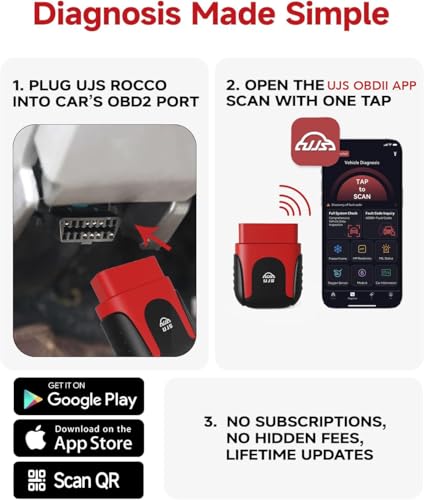 Rocco OBD2 Scanner Bluetooth for iOS Android, AI Diagnostic Tool for Car Buying Repair, No Subscription Fee, AutoVIN, 45000+ Fault Codes, Check & Clear Engine Codes, Real-Time Data, Vehicles 1996+ - color: Red