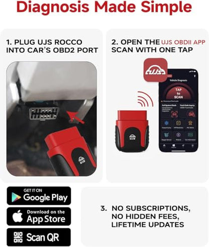Rocco OBD2 Scanner Bluetooth for iOS Android, AI Diagnostic Tool for Car Buying Repair, No Subscription Fee, AutoVIN, 45000+ Fault Codes, Check & Clear Engine Codes, Real-Time Data, Vehicles 1996+ - color: Red