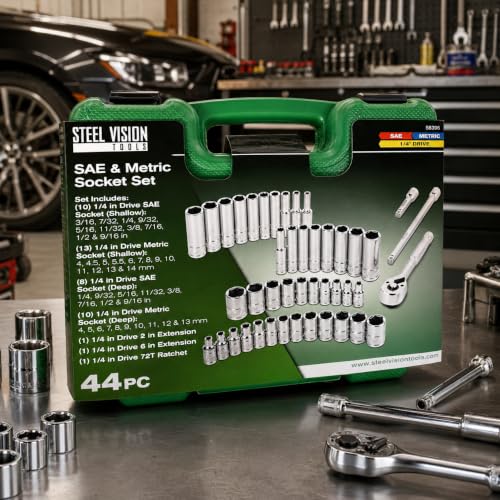 Steel Vision Tools 44-Piece 1/4" Drive SAE & Metric Socket Set, Shallow & Deep, Chrome Finish, 72T Ratchet & Extensions, Mechanic Tool Kit for Automotive & DIY Repair - size: 1/4"_SAE&Metric_44pc