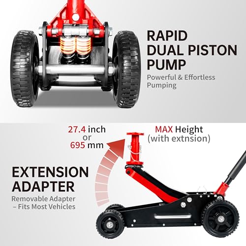 3 Ton (6600 lbs.) Big Wheel Dual Pistons Heavy-Duty Steel Construction Off-Road Jack, Hydraulic Car Jack with Extra Adjustable Height Saddle, for Trucks, SUVs, ATVs