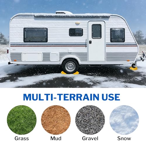 ROBLOCK 4 PCS Wheel Chocks with Rope for Travel Trailers, Non-Slip Grooved Wheel Blocks for RVs, Campers, Trucks, Cars, Boat Trailers, Parking Stabilizer RV Accessories, Easy to Carry, Yellow - size: 4 PCS