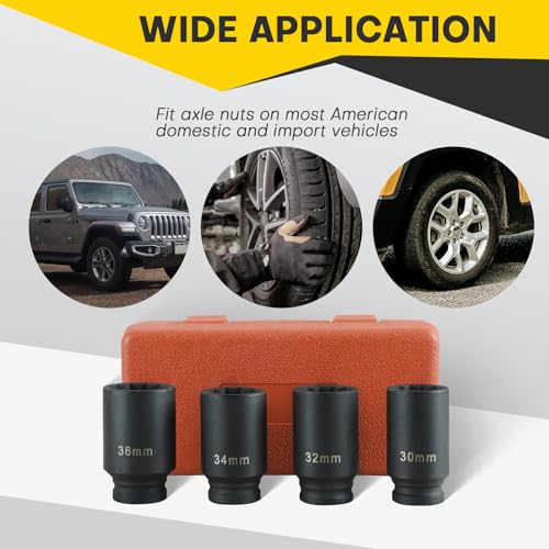 1/2" Drive Deep Spindle Axle Nut Impact Socket | 4 PCS Metric Axle Nut Socket Set, CR-MO, 12 Point Design, 30,32,34,36mm, 1/2 Inch Heavy Duty Deep Impact Socket Set