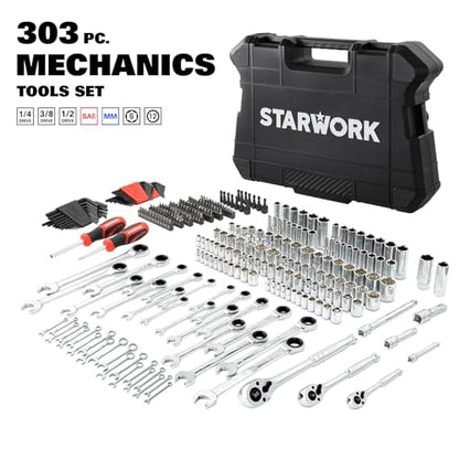STARWORK TRUE MECHANIC 303-Piece Mechanics Tool Set and Socket Set, 1/4", 3/8", 1/2" Drive, Professional, SAE/Metric - size: 303 PC