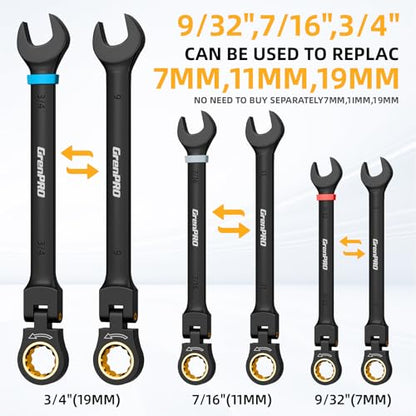 GRENPRO 23PCS Flex Head Ratcheting Wrench Set SAE & Metric Mechanic Tools | 1/4"-3/4"&6-18MM Bolt Gauge, Electro-Coated 72-Tooth 180-Degree Flex Head 12Pt, Color Rings, Roll Pouch For Auto&Home Repair - style: Flex Head Ratcheting Wrench Set with Color Ri