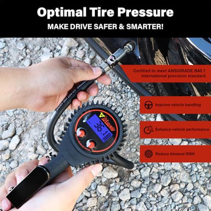 Heavy Duty Digital Tire Pressure Gauge, Air Pressure Gauge Inflator, Quick Lock Chuck, 20" Hose, 1/4" Npt, W/Extreme ± 0.1& Accuracy, 0-250 PSI