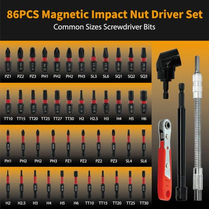 86-Piece Magnetic Impact Nut Driver Set | Deep Impact Sockets & S2 Bits, Chrome Vanadium Steel, Full Metric & SAE Range for Impact Drivers & Drills