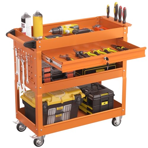3 Tier Heavy Duty Rolling Tool Cart with Drawers, Large Storage Utility Cart on Wheels for Garage, Warehouse, Repair Shop (Orange) - color: Orange