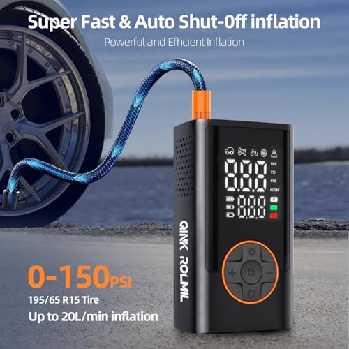 Tire Inflator Portable Air Compressor - 150PSI Portable Car Air Pump with 4000mAh Battery, Fast Inflation & Deflation Function, Digital Pressure Gauge & Auto-Off for Car, Motorcycle, Bike, Ball
