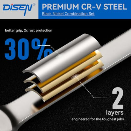 DISEN 26 Piece Ratcheting Wrenches Set 90 Teeth, Combination Wrenches Set Metric 6MM-19MM and SAE 1/4 Inch-13/16 Inch, Cr-V Steel, Ratchet Set Nickel Plating with Organizer Visit the Store