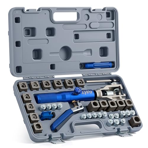 OMT Hydraulic Flaring Tool Kit, Brake Line Flaring Tool with Cutter | 45-Degree Single & Double Flaring Dies for 3/16-1/2in & ISO 4.75-10mm, Tubing Cutter, Deburring Tool, 42CrMo Steel Yoke