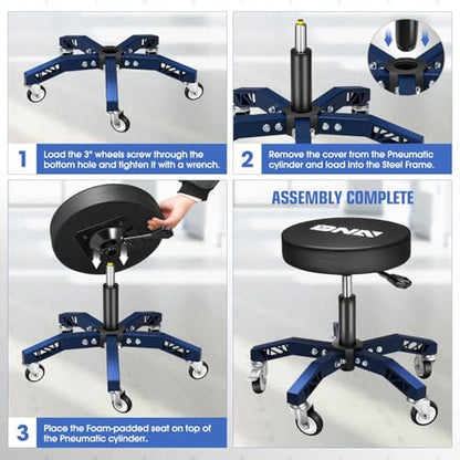 DNA Motoring Rolling Shop Stool, Adjustable Height Padded Rolling Seat, Pneumatic Roller Mechanic Stool for Garages, 300lbs Capacity, TOOLS-00635-BK-BL - style: 5 Wheel Blue