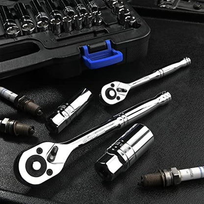 EPAuto 69 Pieces 1/4-Inch & 3/8-Inch Drive Socket Set, Pear Head Ratchet | Chrome (92-824) - size: 69 Pieces