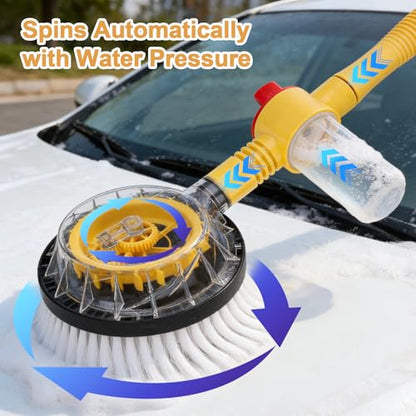 Rotating Car Wash Brush with Hose Attachment, Car Wash Brush with Long Handle & Soap Dispenser, Water-Powered 360° Spin Wash Brush Kit with Spray Gun & 5-Pattern Nozzle for Cars, RVs, Trucks