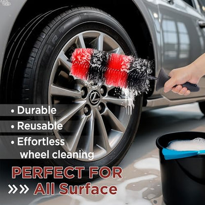 TAKAVU Wheel & Tire Brush, Long Bristle, Built-in Knuckle Guard (Upgraded) | Non-Slip Handle Detailing Brush, Deep Reach Cleans Rims & Brake Dust, Effortless Wheel & Barrel Wash - color: Red & Black - Big Brush