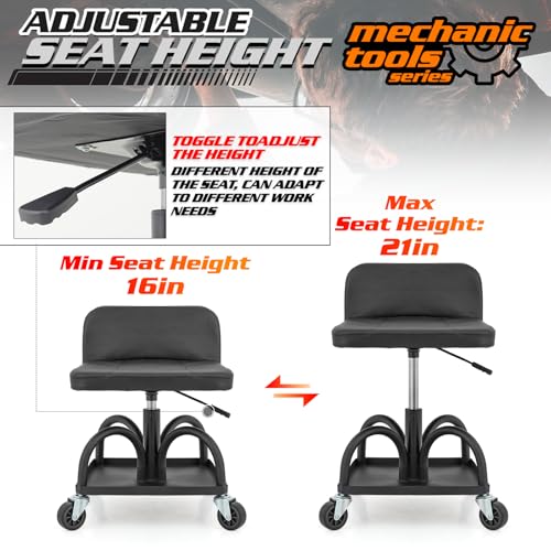 M-AUTO Padded Seat Garage Stool on Wheels, 16”-21” Height Adjustable Swivel Mechanics Seat with Tool Tray Storage for Garage and Garden, 300lbs Capacity - size: 21" Square