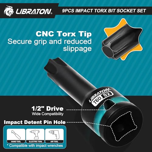 LIBRATON Impact Torx Bit Socket Set, 1/2" Drive, S2 Steel, 9PCS Impact Star Bit Socket Set (T30-T80), High Impact Torx Sockets, XPE Storage, Professional Mechanic and Automotive Repair - style: 9PCS Torx