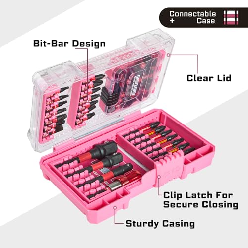 Geinxurn 55Pcs S2 Steel Magnetic Impact Bit Set | Phillips, slotted, square, Torx bits; impact-rated holder & socket adapter, pink case - style: STKB055A-PK