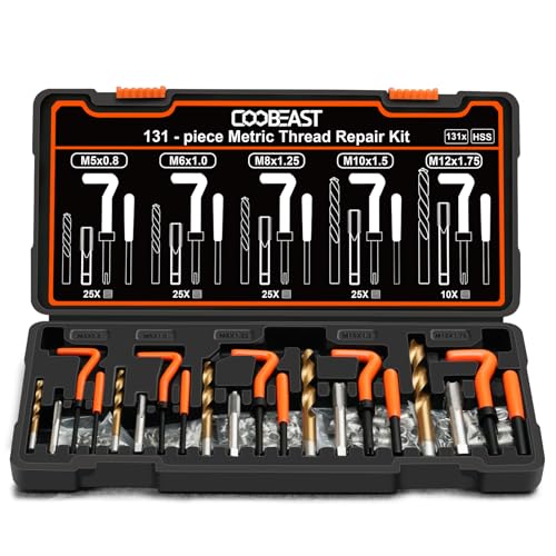 coobeast 131PCS Thread Repair Kit, Metric Helicoil Repair Kit with HSS Drill Bits, 304 Stainless Steel Thread Insert & Rethreading Tool Set in M5 M6 M8 M10 M12 for Automotive Engine Spark Plug Repair - size: Metric131pc