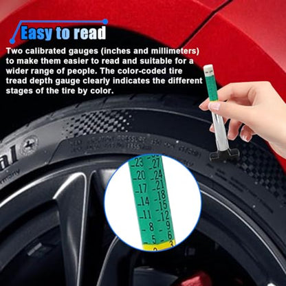 2PCS Car Tire Tread Depth Gauge Kit, Tire Thread Depth Meter Tool Color Coded with Portable Bag and 2 Valve Caps, 1'' Within 1/32 Inch Accuracy, Universal Car Accessories for Car, Truck, SUV