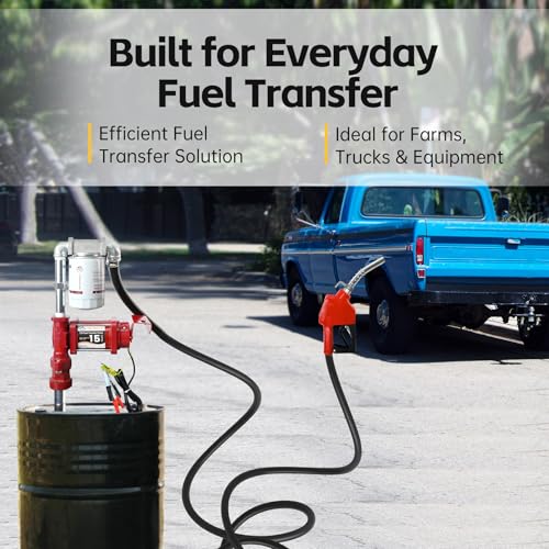 FMCNMech 12V Fuel Transfer Pump, 15 GPM Diesel Transfer Pump Kit with Automatic Shut-Off Nozzle, Heavy-Duty Fuel Pump with 13 ft Hose for Gasoline, Diesel & Kerosene - color: 15 GPM Gas & Diesel Pump