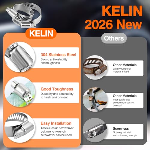 KELIN 202PCS 304 Stainless Steel Hose Clamp Kit, 8 Sizes from 1/4" to 2" (6-51mm) Adjustable Worm Gear Clamps with Socket Wrench & Screwdriver, Automotive Fuel Line Water Pipe Clamps Assortment Set - size: 202PCS