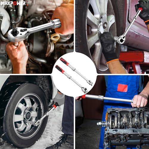 MAXPOWER Socket Wrenches Set, Extendable Ratchet Wrench 72-Tooth Reversible Ratcheting and 360 Flex Head Breaker Bar, Both Double Head 1/2" & 3/8" Drive