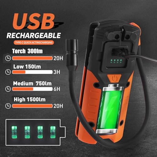 Work Light - LED Rechargeable Work Light with COB 1500LM & 300LM Portable Gooseneck USB Rechargeable - Magnetic Led Worklight, Work Lights Tool for Car Repair, Camping & Job Site Lighting