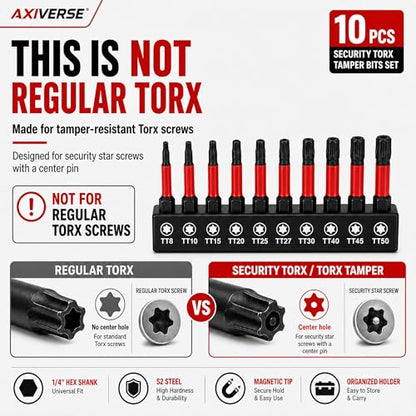 10PCS Security Torx Bit Set TT6-TT40, 3-Inch for Impact Drivers | TT6-TT40 Tamper-Resistant Star Bits, 3 in Long, Magnetic Tips, 1/4 in Hex Shank, Impact-Ready Alloy Steel, Clear Case - size: 3 in