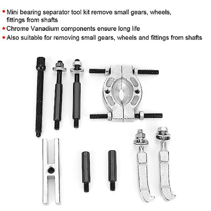 Mini Bearing Separator Tool Kit, Chrome Vanadium Bearing Remover Puller Set for Small Gears Wheels Fittings on Shafts, Compact Automotive Hand Tool with Plastic Case
